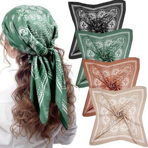 4 Pcs 27'' Square Satin Head Scarves Satin Bandanas for Women Headband Scarves S